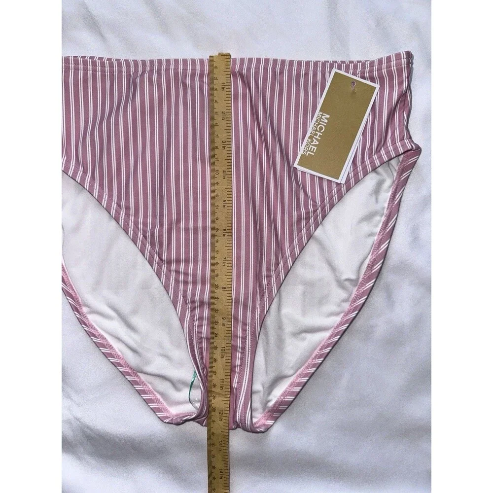 Michael Kors Women’s Pink & White Striped High-Waist Bikini Bottom Size Large